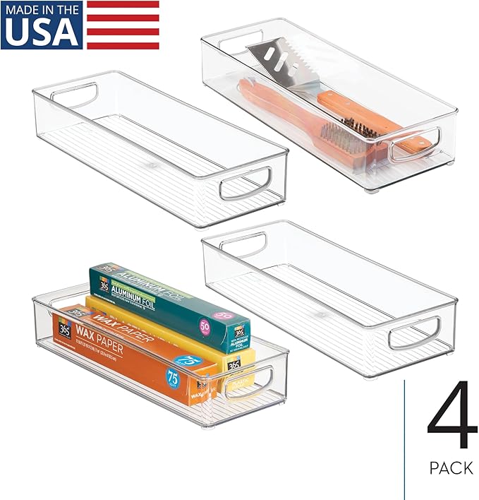iDesign Stackable Pantry Bin with Handle for Kitchen Cabinet or Fridge, Set of 4, Clear, Made in USA
