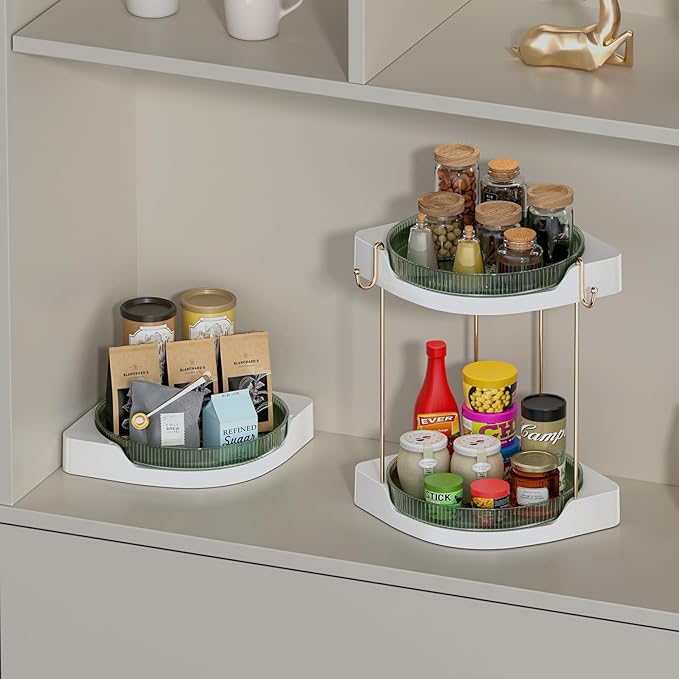 2 Pack Lazy Susan Turntable - Corner Spice Organizer for Cabinet - 9 Inch Rotating Condiment Rack Storage for Refrigerator, Pantry, Kitchen, Vanity, Bathroom Countertop (2 Tier-Green)