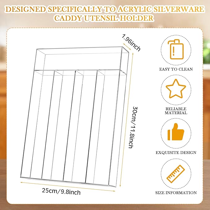 Baderke Kitchen Drawer Organizer for Flatware and Utensils, Clear Acrylic Silverware Drawer Organizer for Drawer, Office, Bathroom
