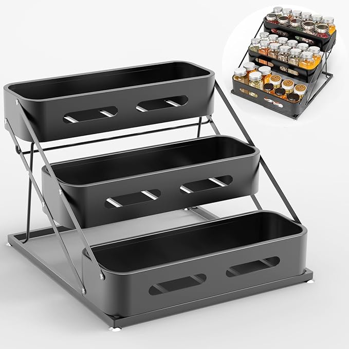 Airpro Spice Rack, 3 Tier Spice Rack Organizer for Cabinet, Seasoning Organizer for Countertop, Kitchen, Pantry, Cupboard, Sturdy Spice Organizer with Protection Railing, No Installation, Black
