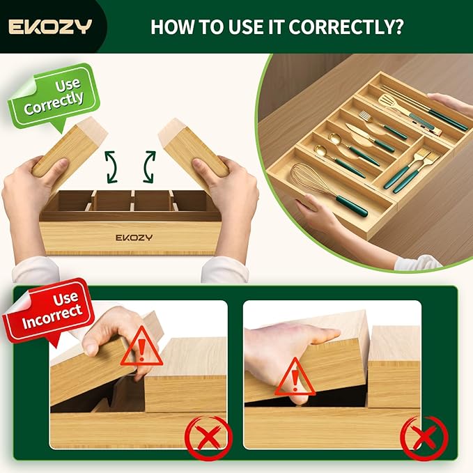 100% Bamboo Kitchen Drawer Organizer, 180° Flip Lid Feature Silverware Organizer for Cutlery Utensil, Cutlery Tray, 8 Slots with Dividers, Waterproof, Non-Slip, for Farmhouse to Modern Kitchen
