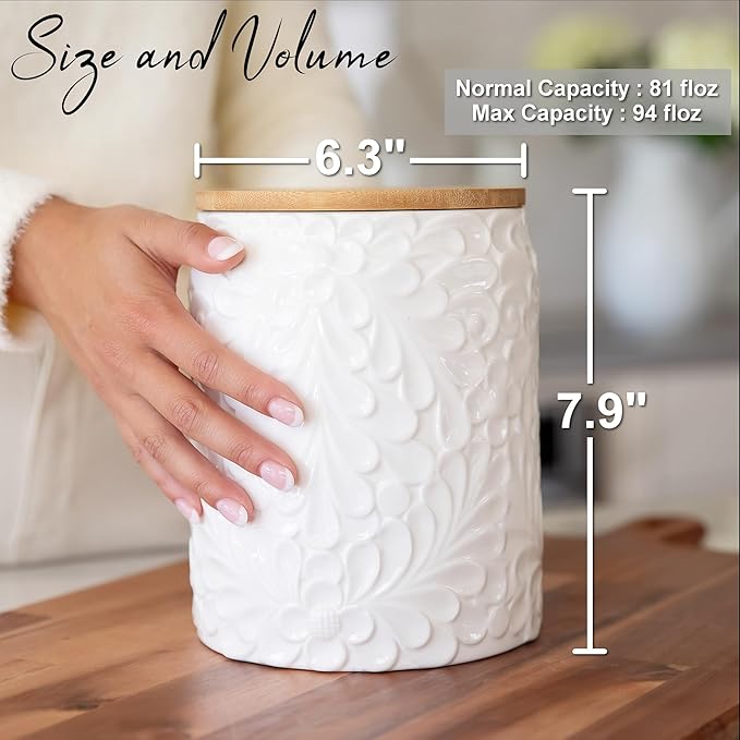XXL 94 Oz Engraved Ceramic Kitchen Canister - Storage Jars with Airtight Lids Made from Bamboo with Nature-Inspired Engraving - Use as a Pasta Holder, Coffee Ground Holder, Rice Container, Candy Jar