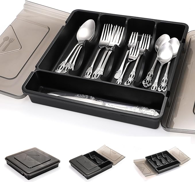 Dicuny Silverware Organizer with Lid, Covered Utensil Drawer Organizer Tray for Kitchen, 5 Compartments Plastic Black Cutlery Flatware Storage Box for Spoons Forks Knives, Office, RV, Countertop