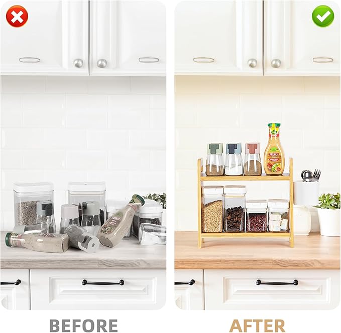 Spice Rack with Pegboard & Accessories for Kitchen Counter, Desk Organizer for Corner, Plants Rack 2-Tier, Kitchen Counter Shelf with Plastic Storage Box, Bamboo