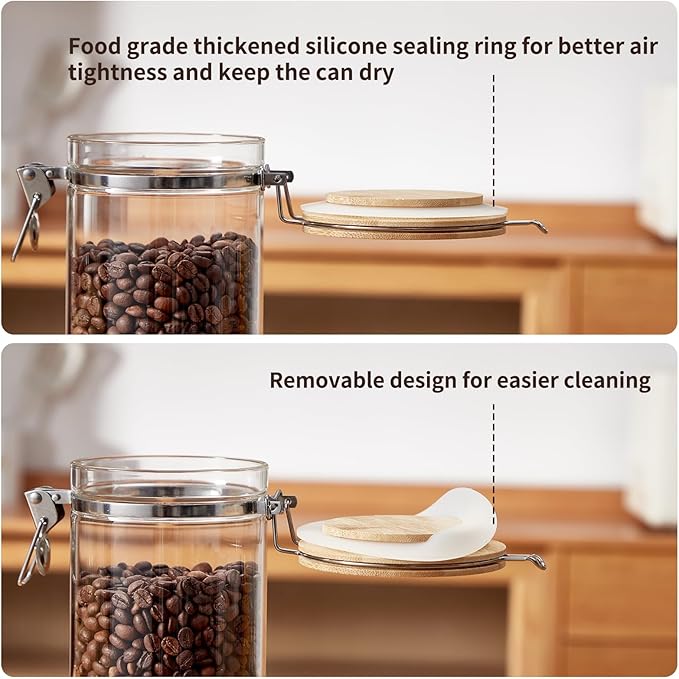 Coffee Canister Set with Shelf, 2 x 50oz Coffee Bean Canister Storage Station Organizer with Airtight Lid for Kitchen, Food Storage with Scoop for Ground, Sugar, Cereal and Tea