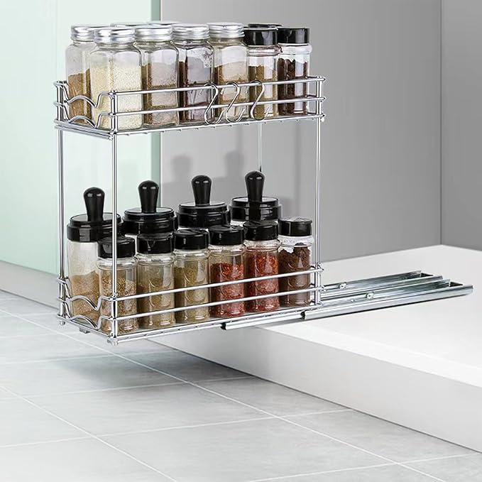 Spice Rack Organizer for Inside Cabinet, Pull Out Spice Rack 2 Tier, Heavy Duty Sliding Spice Cabinet Organization Shelf Rack, Slide Out Seasoning Kitchen Organizer Under Sink Organizers