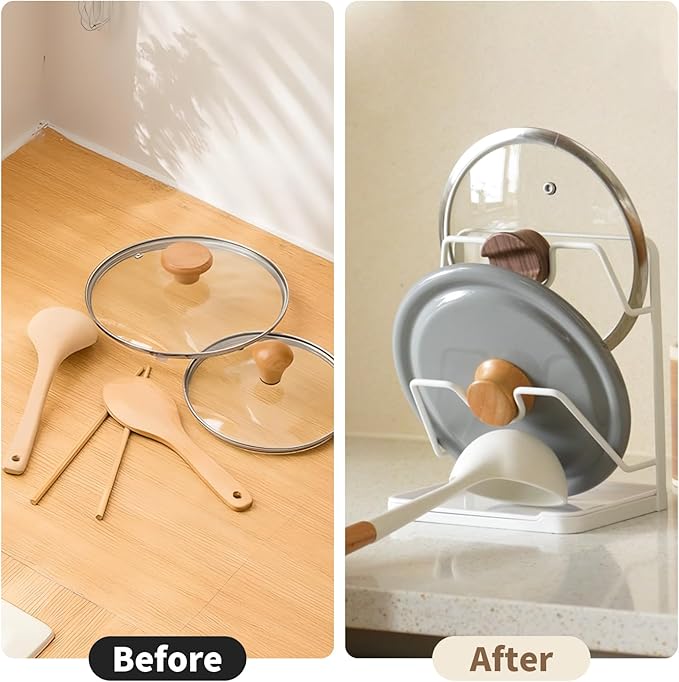 Pot Lid Holder, 2 Tier Pan Lid Holders While Cooking, Lid and Spoon Rest for Kitchen Counter, Pot Lid Organizer Stand with Drip Tray, Pot Lid Rack Kitchen Utensil Holder Rest, White