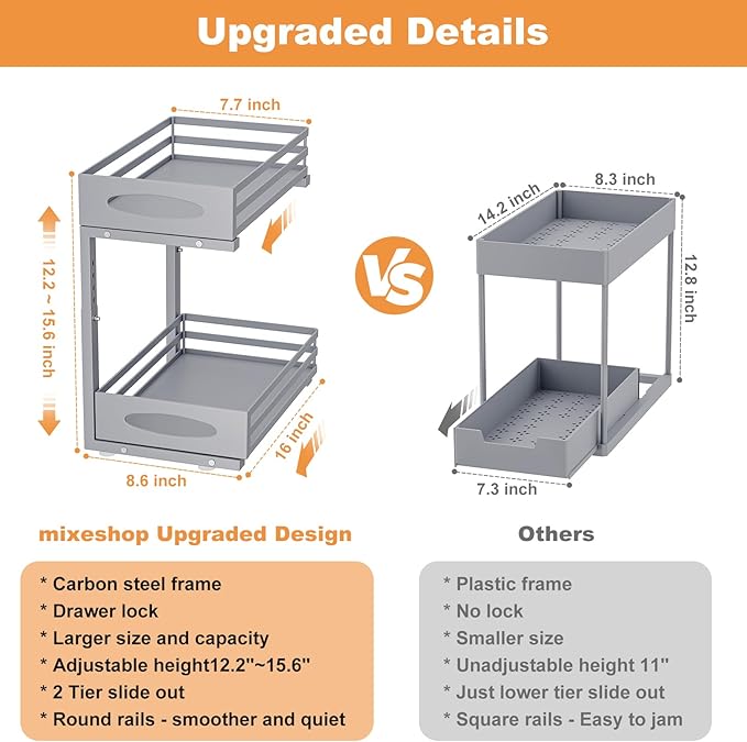 Under Sink Organizers and Storage, Pull Out Kitchen Cabinet Organizer, 2 Tier Slide Out Steel Under Sink Storage Shelf for Kitchen Pantry Bathroom (Grey, 2Pack)