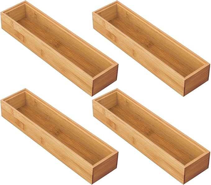 mDesign Drawer Organiser – Rectangular Bamboo Kitchen Drawer Divider – Stackable Drawer Separator for Cutlery and Kitchen Utensils – Set of 4 – Natural
