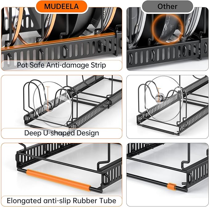 MUDEELA Pots and Pans Organizer : Rack for under Cabinet, Expandable Pot Lid Kitchen Cabinet Organizer Holder with 10 Adjustable Compartment, for Cutting Board, Cast-iron Pan, Heavy Cookware