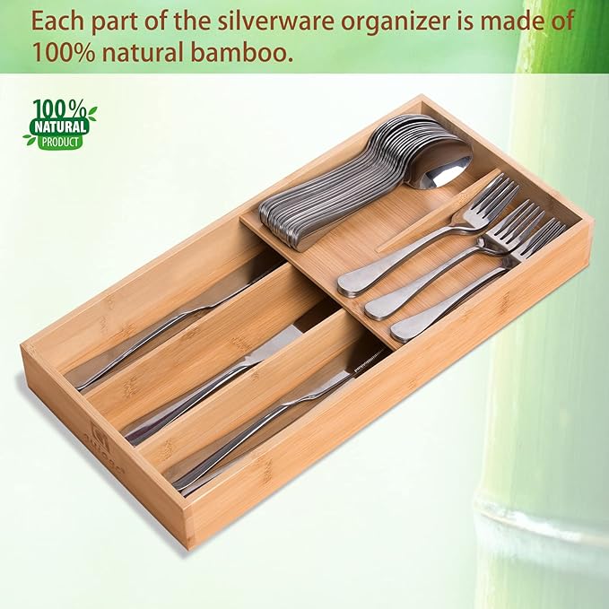 Bamboo Silverware Organizer, Kitchen Silverware Drawer Organizer, Utensil Tray Holder, Cutlery Tray for Spoons, Forks, Knives