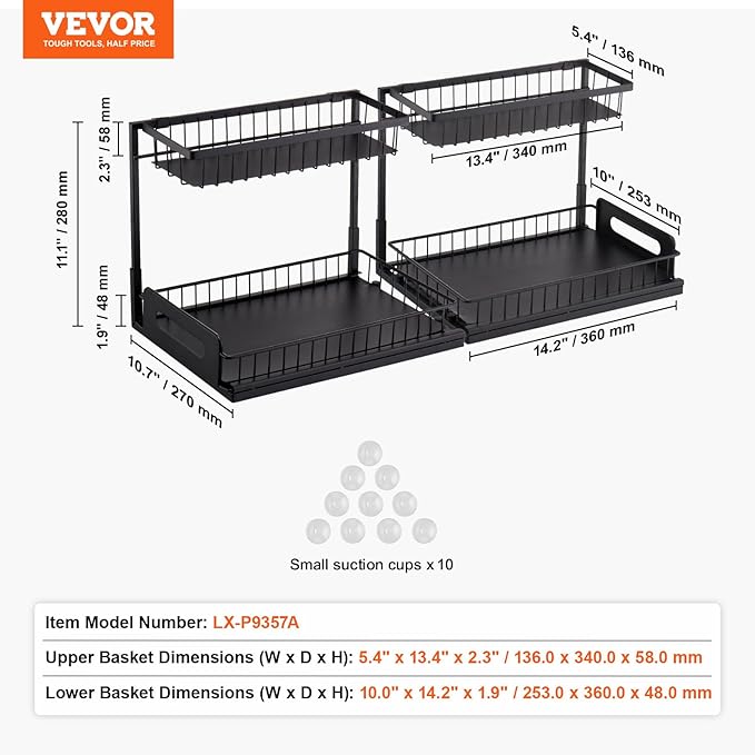 VEVOR 2 Tier Pull Out Cabinet Organizer(10.7"W x 14.2"D ), Under Sink Organizer and Storage, Slide Out Drawer Cabinet Organizer, Wire Basket Sliding Shelf for Kitchen Bathroom Cabinet, Black (2 Pack)