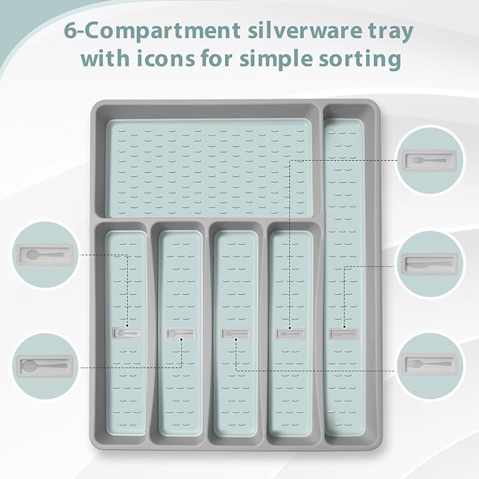 Silverware Organizer with Cutlery Icons,Silverware Tray for Kitchen Drawer,Plastic Flatware Tableware Cultery Drawer Organizer Utensil Organizer with Non-slip TPR Linings,6-Compartment