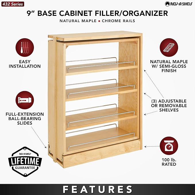 Rev-A-Shelf Pullout Shelf Organizer for Base Kitchen or Bathroom Cabinets, Wood Filler Pantry Storage or Spice Rack, Maple, 9" x 23" x 30", 432-BF-9C
