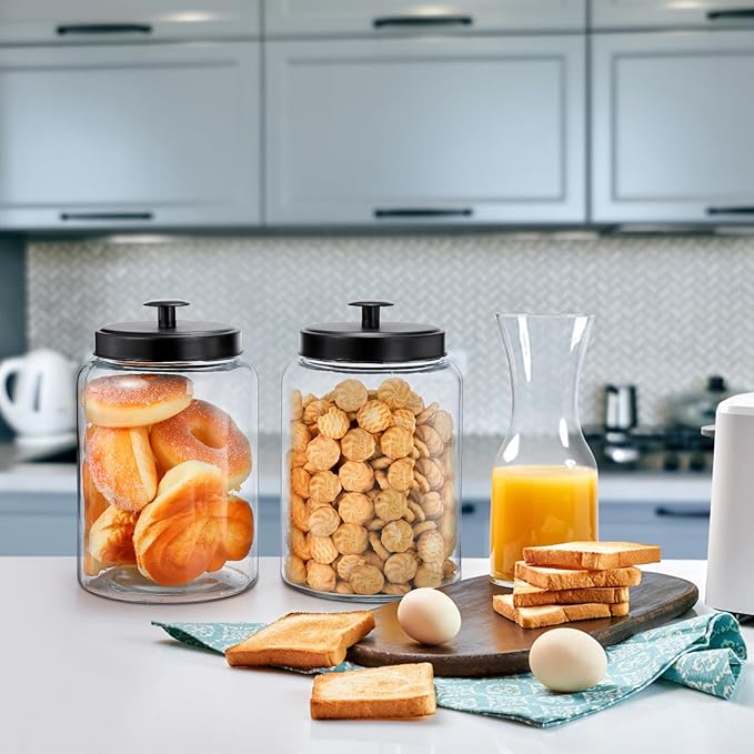 2 Pack Large Glass Jars with Metal Lid, 1 Gallon Clear Cookie Candy Jar, 125 OZ Airtight Food Storage Container, Empty Canister Set for Kitchen Counter, Pasta, Dog Treats, Snacks, 3.7 L