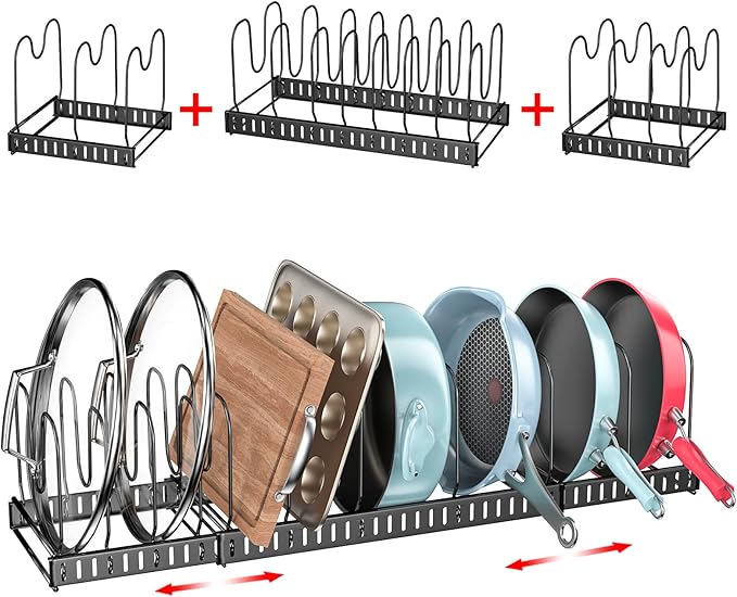 X-cosrack 15 Adjustable Dividers Pot and Pan Organizer Rack, 7"D x 32"W x 7.1"H, 3 in 1, Expandable Lid Bakeware Cupboard Rack Holder for Kitchen Cabinet Pantry Countertop, Black (Patent Pending)