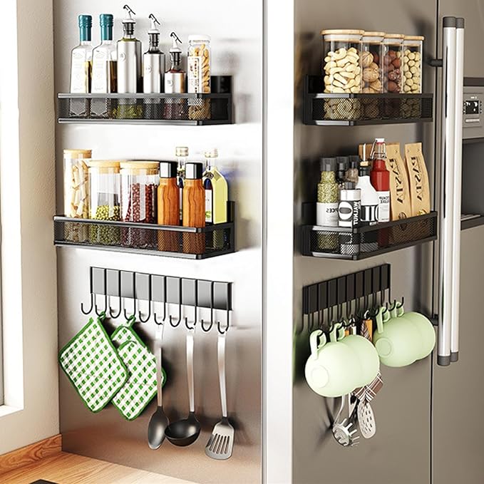 Magnetic Spice Rack for Refrigerator, 3 Pack Magnetic Shelf, Moveable Magnetic Fridge Organizer with 10-Hook Rack, Seasoning Organizer for Kitchen Organization and Storage