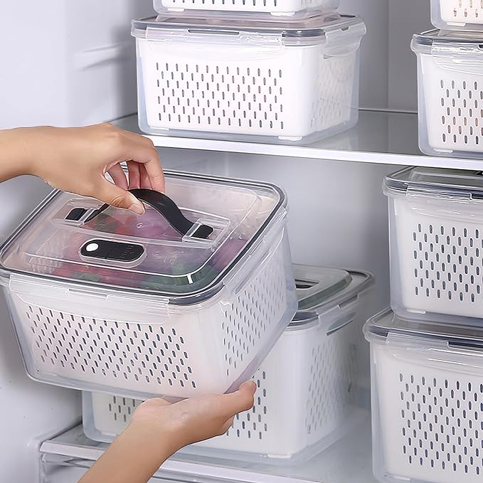 4 Pack Large Fruit Storage Containers for Fridge with vent holes and handle,Airtight Food Storage Containers Keep Fruits, Vegetables, Berry, Fresh longer,BPA-free Fridge Storage Container with Lid
