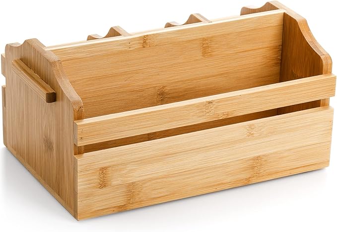 Yesland Silverware Holder Caddy, 4 Compartments Wooden Utensil Holder Flatware with Handle, Bamboo Cutlery Holder Organizer Containers for Party, Kitchen Countertop, Forks, Spoons, Knives, Napkins