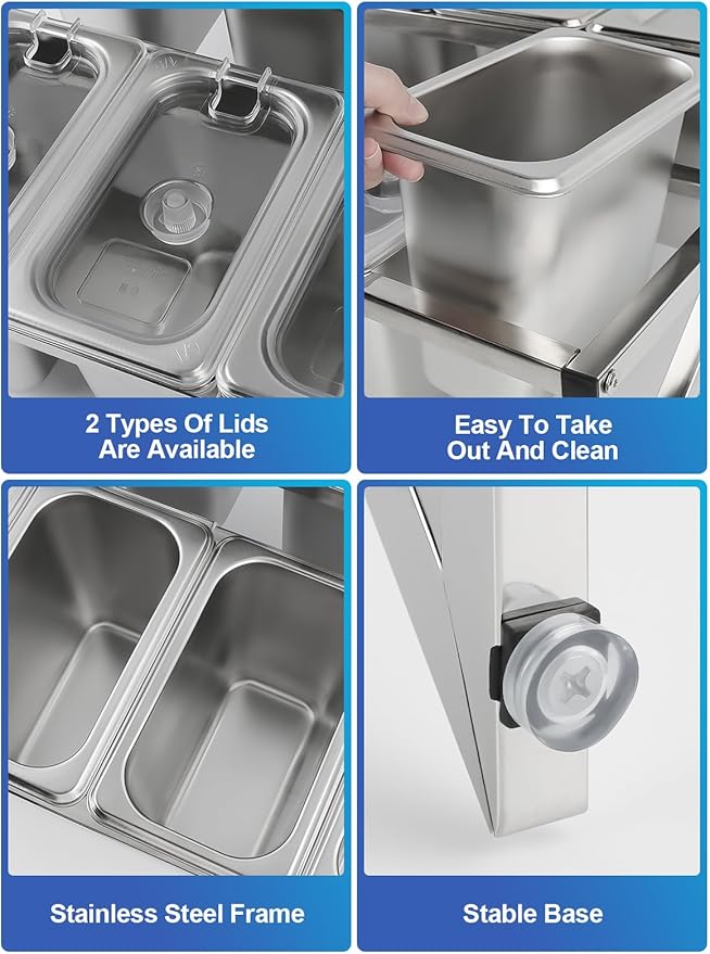 Lanstics 8 Pans Spice Rack Shelf 2 Row Stainless Steel Spice Organizer Stand with Lids Spoons Countertop Inclined Holder Buffet Containers Set for Sauce Jam Fruits Ingredient Kitchen Restaurant Pantry