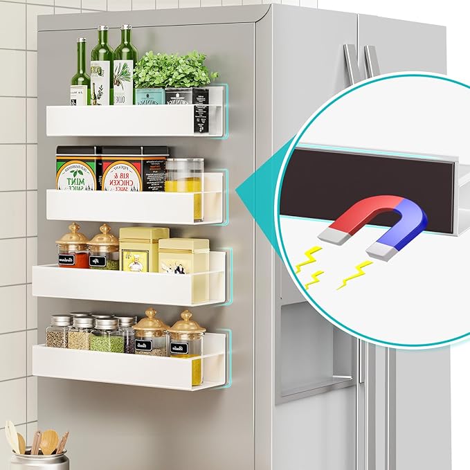 6 Pack Moveable Fridge Magnetic Spice Racks,Metal White