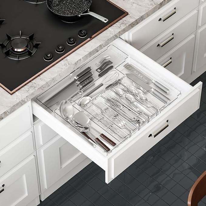 Clear Expandable Silverware Organizers for Kitchen Drawers,Large BPA Free Cutlery Organizer in Drawer,Plastic Utensil Drawer Organizer Suitable as Flatware,Knife,Fork,Spoon,Silverware Holder and Tray