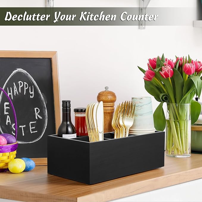 DRASTAR Paper Plate Dispenser, Wooden Utensil Caddy Organizer, Large Silverware Holder for Party, Black Paper Plate Organizer, Kitchen Utensil Caddy for Party Picnic Camping