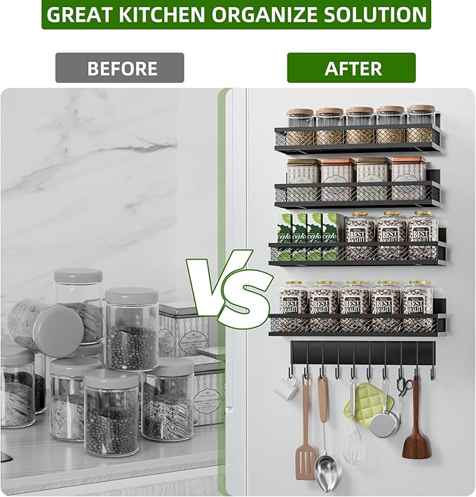 Magnetic Spice Rack for Refrigerator, 5 Pack Magnetic Shelf for Refrigerator, Moveable Fridge Magnetic Spice Racks with 10-Hook Rack for Kitchen Organizers and Storage