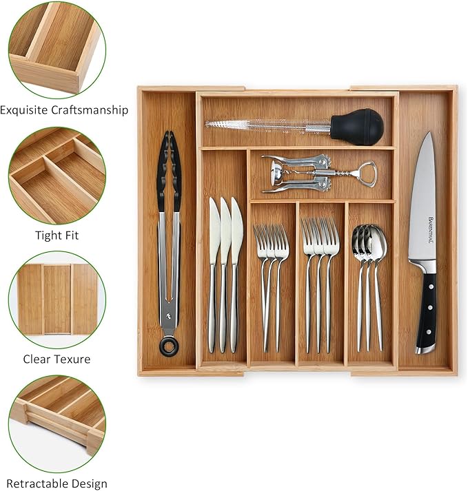 Expandable Silverware Drawer Organizer, Bamboo Kitchen Organizers and Storage, Adjustable Silverware Organizer, Utensil Drawer Organizer for Kitchen Organization (6-8 Slots)
