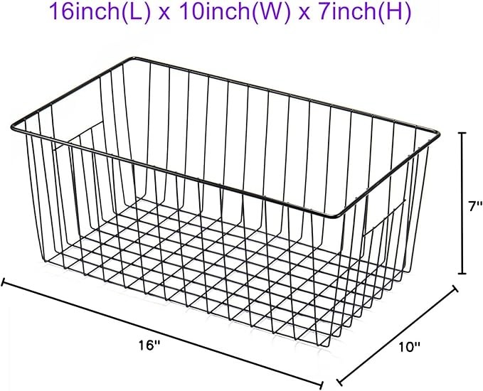 16inch Freezer Wire Storage Organizer Baskets, Household Refrigerator Bins with Built-in Handles, Black, 6PACK