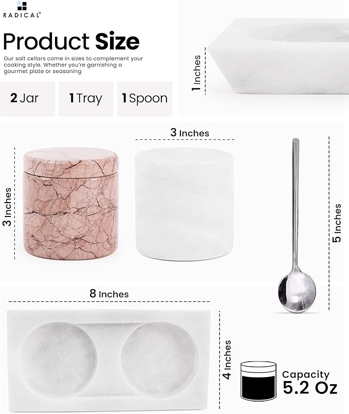 Radicaln Marble Salt Cellar With Lid 3" Inches Handmade White and Marinara Stone Salt Container For Kitchen Ideal Holder With Lid, Spice jar & Salt Cellar Set of 2 With Tray