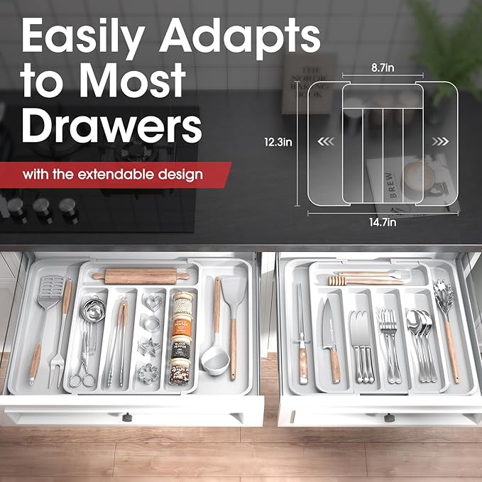 Aujen Expandable Kitchen Drawer Organizer - Adjustable Utensil Organizer, Multipurpose Storage Solution for Forks, Knives, White