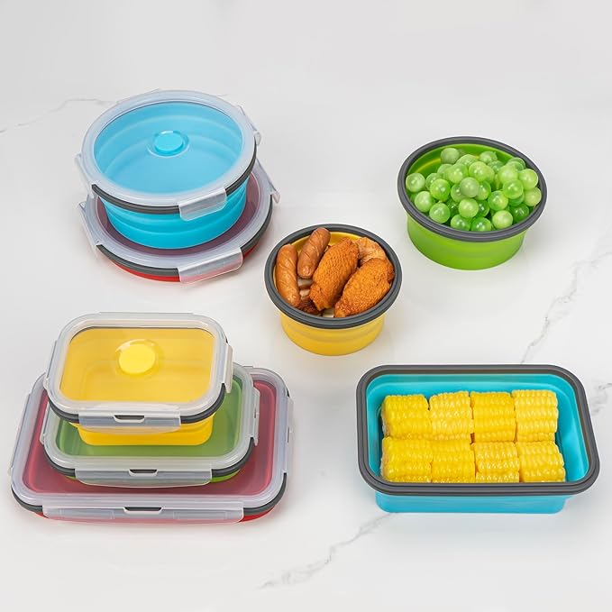 Collapsible Food Storage Containers with Lid & Air Vent, 8 Pack, 4 Rectangular + 4 Round, Annaklin Foldable Silicone Lunch Containers Collapsible Bowls Set, Microwave Freezer Dishwasher Safe, 4 Colors