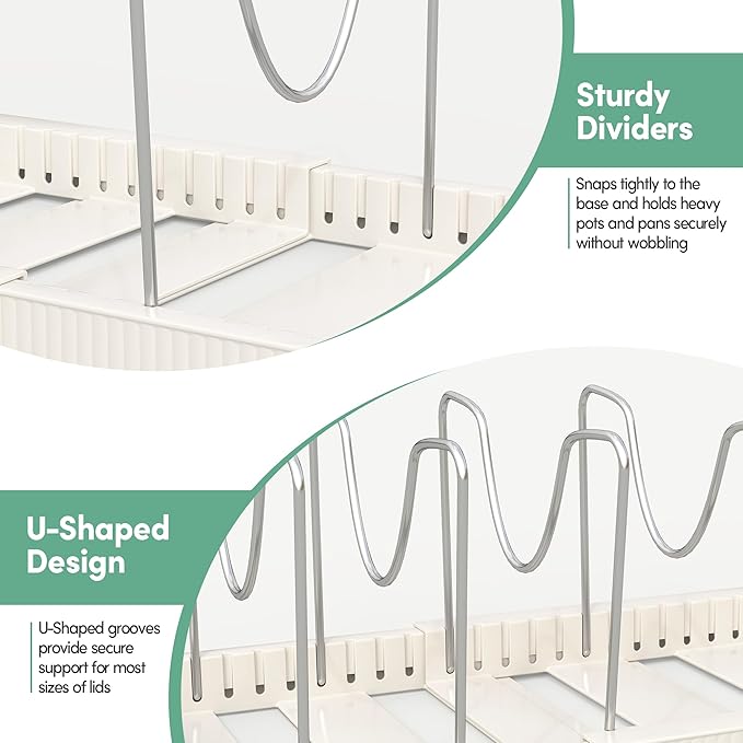 Pots and Pans Organizer for under Cabinet, Expandable Pan Pot Organizers inside Cabinet, Heavy Duty Pot Rack for kitchen organizers and storage Holder with 10 adjustable compartment White