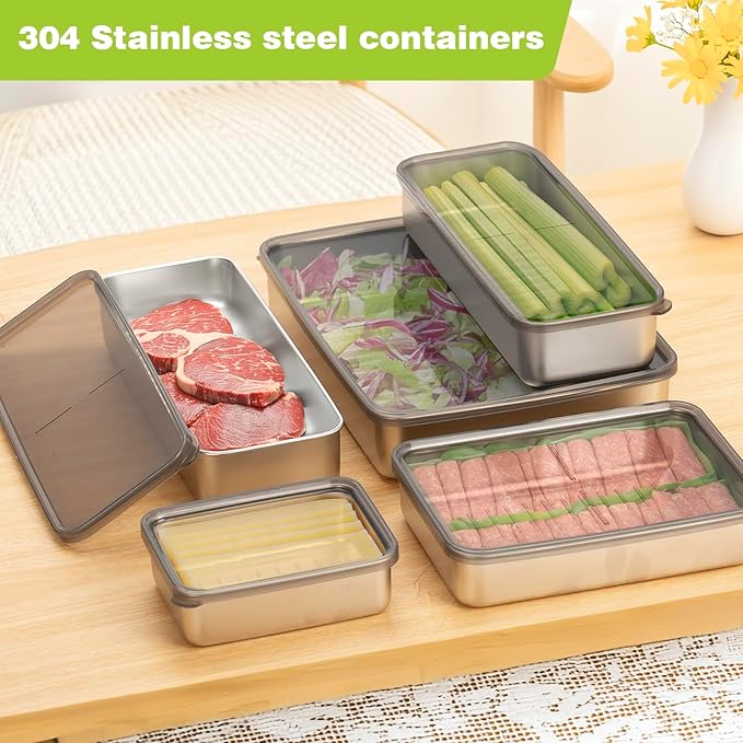 Multi size Bacon Cheese Container for Refrigerator,Large 304 Stainless Steel Airtight Deli Meat Storage Container,Kitchen Storage Containers Set for Home, Travel, Work, Party, Leftovers (6)