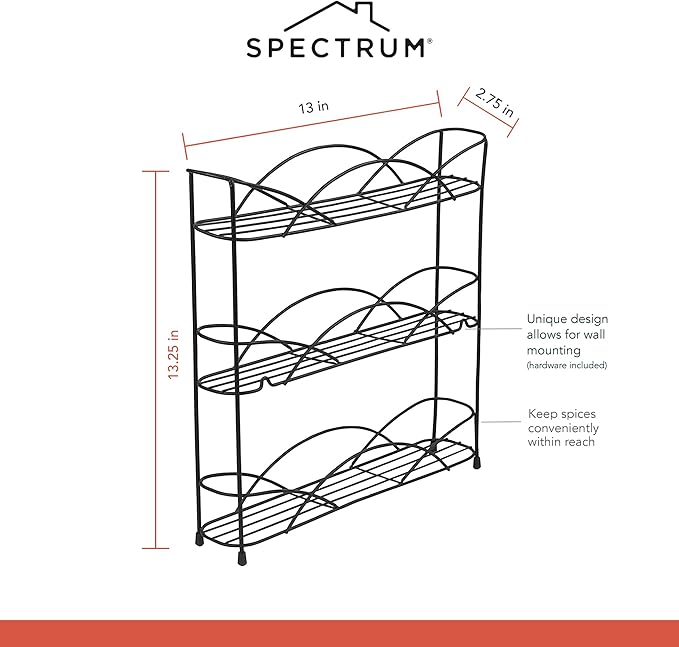 Spectrum Diversified 3-Tier Spice Rack Shelf Organizer for Kitchen Countertop, Pantry, Bathroom, or Closet with Optional Wall Mount, Black