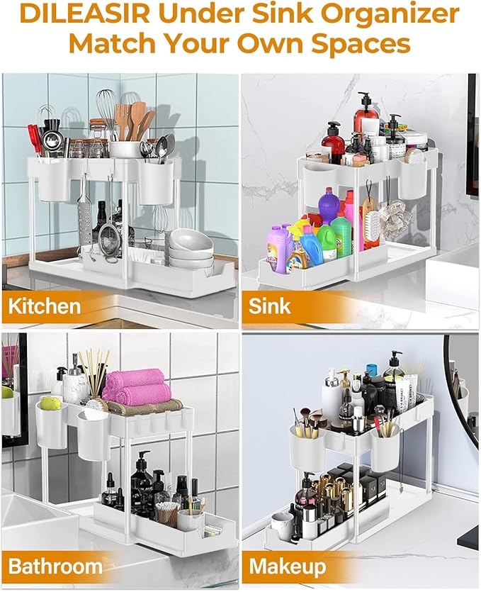 Under Sink Organizers and Storage Bathroom 2Pack, 2 Tier Kicthen Cabinet Basket Organizer, with Hooks, Hanging Cup, Dividers, Handles, Multi-purpose Under Sink Shelf Organizer, White