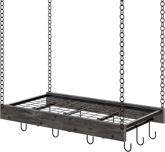 Hanging Pot Rack, Ceiling Mounted Pot Hanger, Vintage Pot Rack for Kitchen, Pot Storage Organizer, with 12 S-Shaped Hooks, for Cookware Storage, Space Saving, Charcoal Black and Black TPR01BC