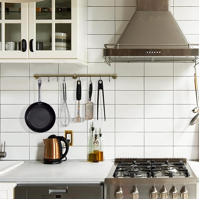 ROTHLEY Stainless Steel Hanging Pot Rack Hanger: 23.7 Inch Pot and Pan Hanger Wall Mounted Hanging Pot Bar Rack Heavy Duty Pot Hangers Kitchen Rail with 8 S Hooks (Antique Brass)