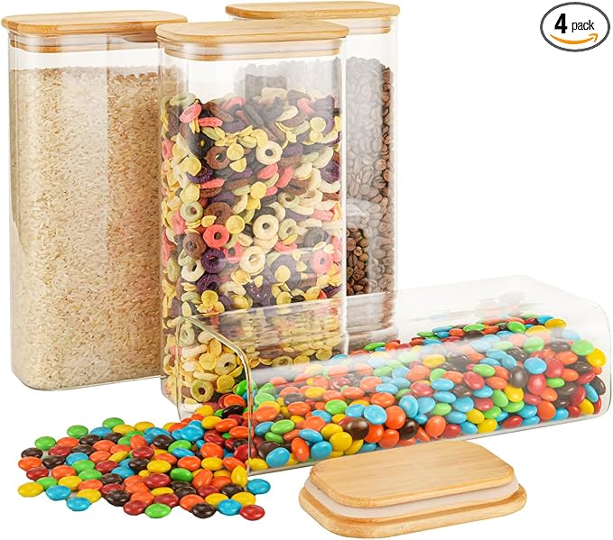 64oz Rectangle Airtight Glass Storage Containers with Bamboo Lids (Set of 4), Square Food Storage Jar, Pantry Organizers for Cereal, Flour, Pasta and Coffee beans (with Black Lable)