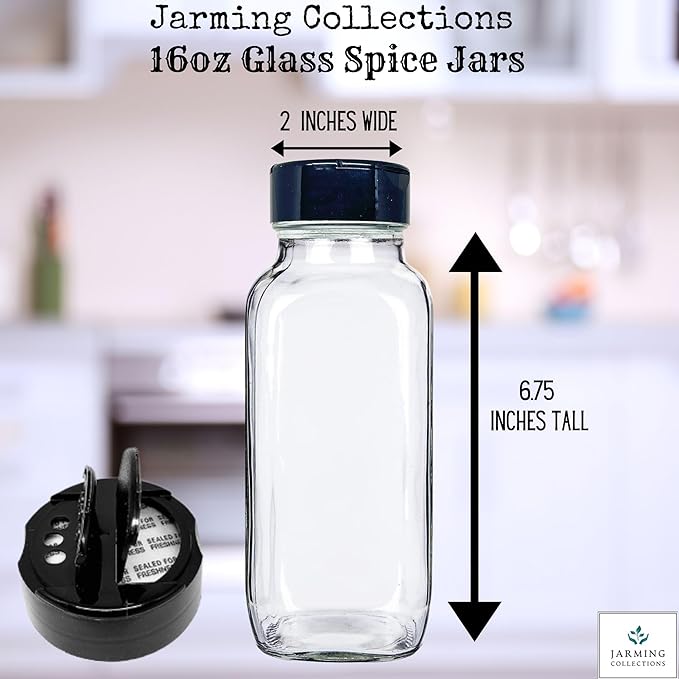 JARMING COLLECTIONS 16 oz Glass French Square Spice Jars with Shaker Lids - Elegant Design for Food Storage and Kitchen Organization - Enhance Your Spice Storage – Made in USA