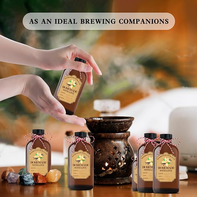 12Pcs 2 oz Amber Glass Bottle Brown Round Bottles with Caps, for Vanilla Extract Homemade, with Stickers and Funnel, for Syrup Gift Glass Food Storage Canister Set, Sauce Beans, Essential Oil
