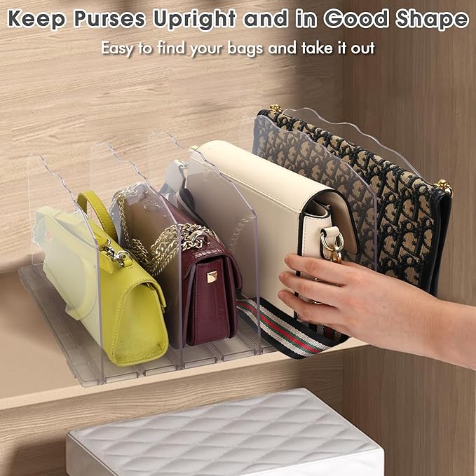 SSAWcasa Closet Purse Organizer, Purse Storage Organizer, Acrylic Purses Shelf Divider Holder, Clear Clutch Women Bag Organizers, Adjustable Handbag Separator Rack for Bathroom Office Bookshelf