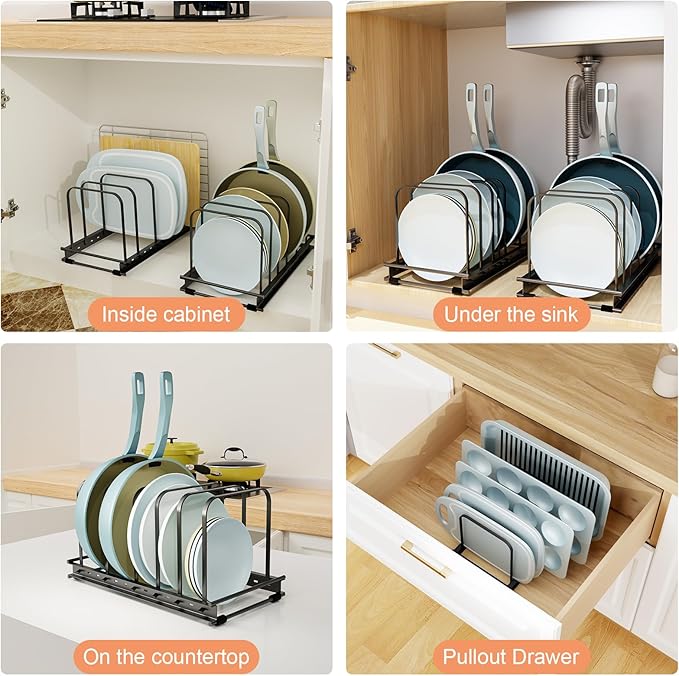 Cutting Board Organizer, 1Pcs Metal Bakeware Organizer Rack Holder Adjustable 7 Slots kitchen Cabinet Storage Rack for Cookie Cooking Sheet, Pan, Pot, Lids, Molds Cookware, 11.02x 5.91x5.51