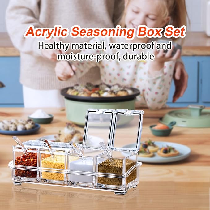 ZGWJ Acrylic Kitchen Spice Pots, 4 Piece Clear Seasoning Box Set, Storage Container Condiment Jars for Spice Salt Sugar Cruet, Seasoning Rack Spice Pots with Cover and Spoon