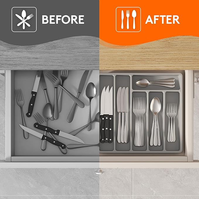 Lifewit Silverware Drawer Organizer Tray, Plastic Cutlery Storage for Kitchen Drawer, Flatware and Utensil Holder Divider for Spoons Forks Knives Tableware, 6 Compartment, Gray