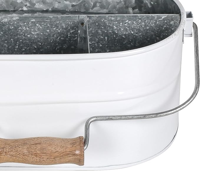 Alpha Living Home - Rustic Galvanized Metal Utensil Caddy – 4-Compartment Organizer with Removable Handle, White Farmhouse Chic Design for Kitchen, Picnics & Parties (13.5"x10"x5.5")