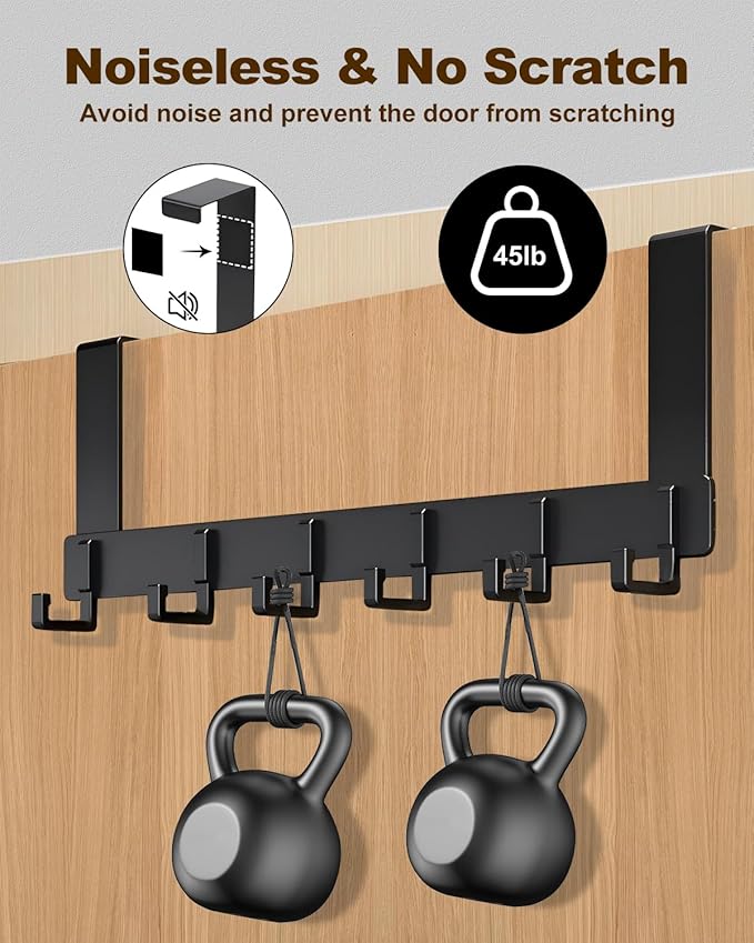 2 Pack Over The Door Hooks, Sturdy Door Hanger, Large Over The Door Towel Rack with 6 Hooks, Heavy Duty Easy to Install, for Bathroom, Bedroom,Kitchen,Hanging Towels, Coats (Black).