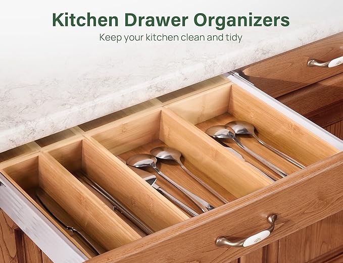 Kootek 8 Pcs Bamboo Drawer Organizer Utensil Tray Kitchen Storage Box 4-Size Versatile Dividers Cutlery Holders Bins Containers for Flatware Kitchen Utensils