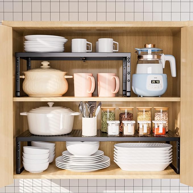Cabinet Shelf,Expandable Adjustable Stackable Kitchen Organizer,for cabinets, Kitchens, countertops, bathrooms Shelf Organizer(1Pack/Black,Large)